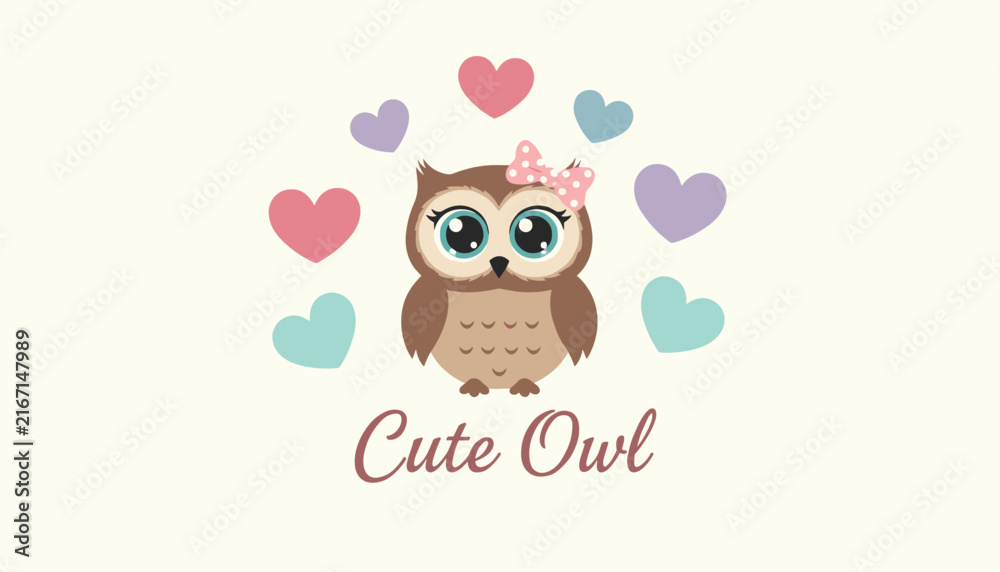 Fototapeta premium Adorable cartoon baby owl wearing a pink bow and surrounded by colorful pastel hearts on a warm light cream background.