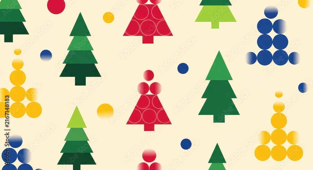 A seamless festive pattern featuring minimalist geometric fir trees and abstract circular shapes over a warm cream colored background, forest, flat, seamless