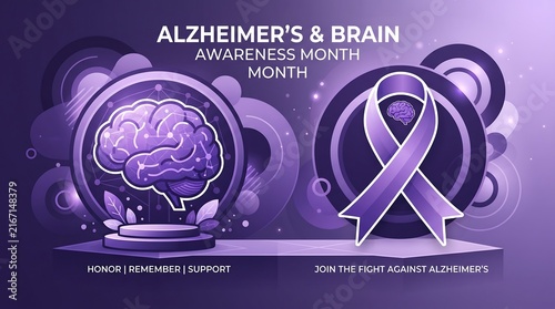 Alzheimer and brain awareness month concept with purple ribbons and glowing brain illustrations on a decorative podium for social medical support