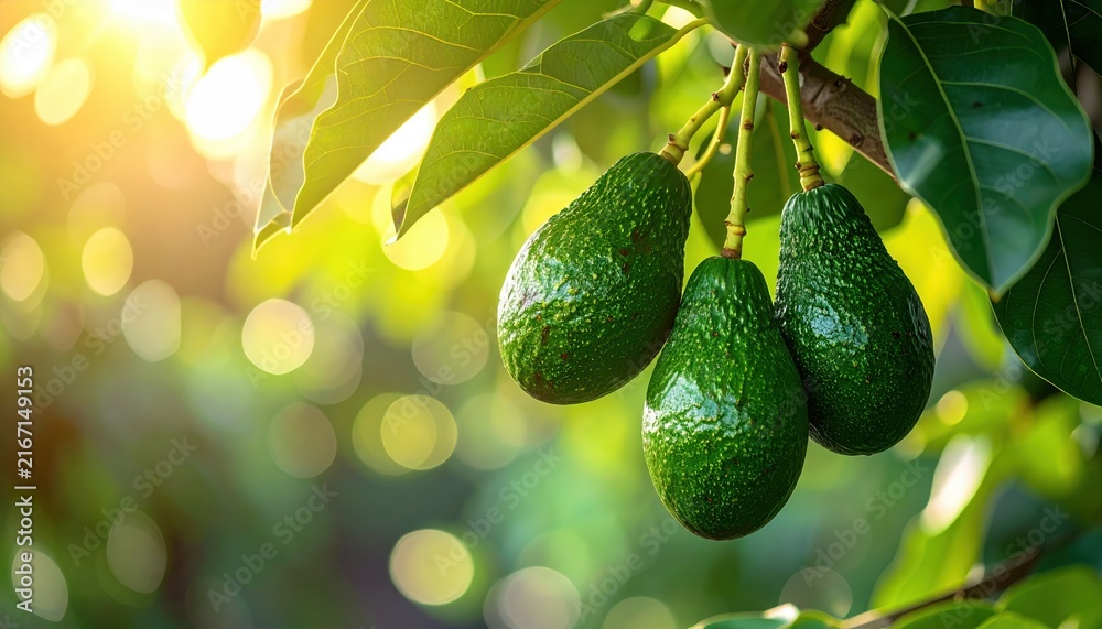 Obraz premium Green avocados hanging from a leafy branch, clean tropical farm background, fresh produce and agriculture concept