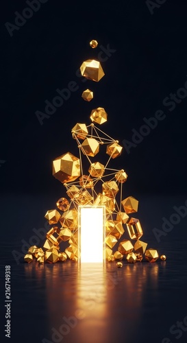 A sleek digital interface displays golden geometric shapes rising towards an open glowing portal, representing a strategic financial exit, luminous, return, wealth