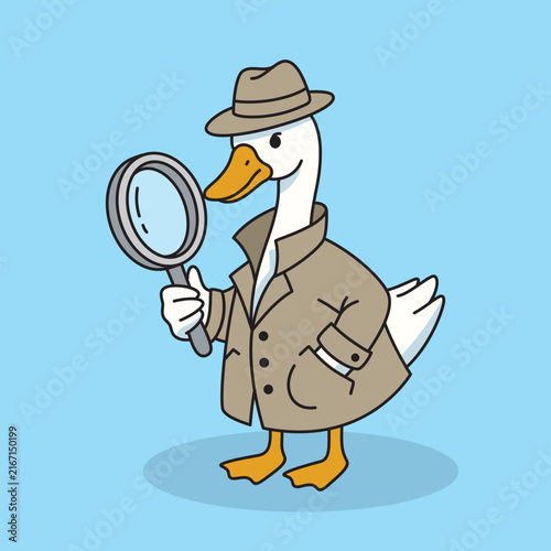 Cute Goose Detective Wearing Trench Coat and Fedora Holding Magnifying Glass Vector Illustration