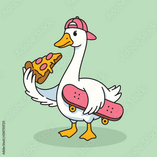 Cute Cartoon Goose in Pink Cap, Eating Pizza and Holding a Skateboard, Flat Vector Illustration
