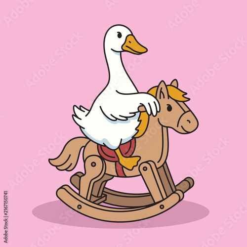Cute white goose riding a rocking horse, funny duck character vector illustration