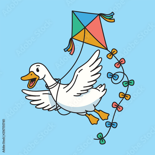 Cute Goose Flying with Colorful Kite Flat Vector Illustration