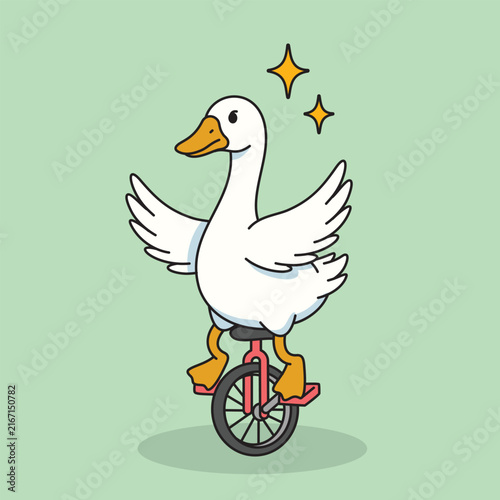 Cute White Goose Riding a Unicycle Flat Cartoon Vector