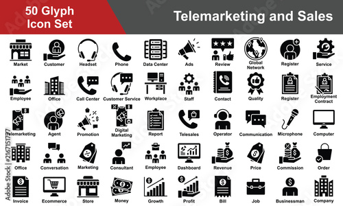 Telemarketing and Sale Icon Set Collection. Containing Market, Customer, Headset, Phone, Data Center, Ads, Review, Register, Service, Employee, Office. Simple Glyph Vector Illustration