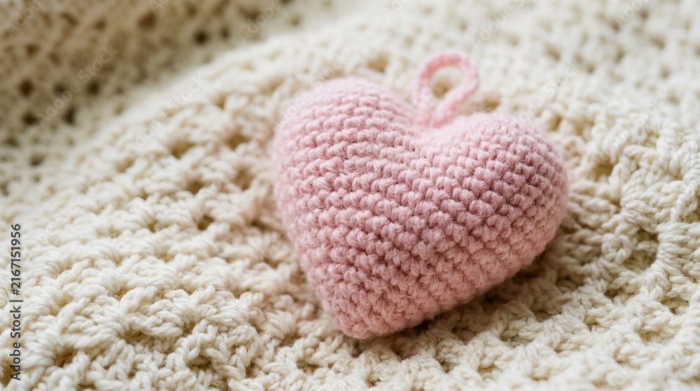 Fototapeta premium Handmade pink crochet heart resting on white knitted fabric background.
