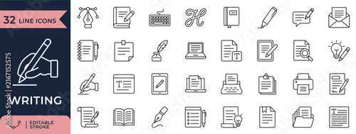 фотографія Writing line icon set featuring copywriting, content creation, and author symbols