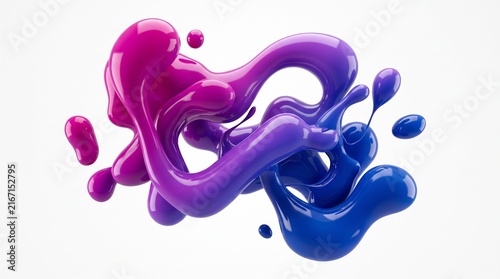 Abstract 3D fluid blob shapes with vibrant purple and blue gradient liquid splash design.