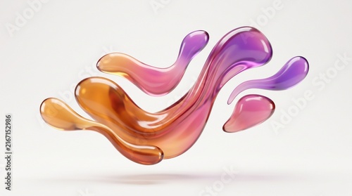 Abstract 3D fluid blob shapes with glossy glass texture and vibrant gradient colors.