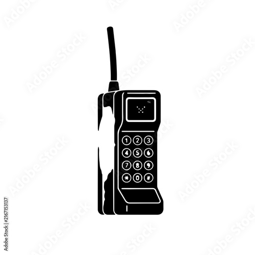 classic black and white icon set featuring heavy first-generation mobile phones, complete with long flexible antennas, large numerical keypads, and retro monochrome screens.
