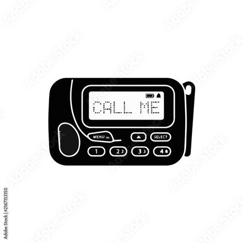 minimalist black and white icon set featuring 90s waist-clip pagers with small LCD screens displaying nostalgic text messages like call prompts, alongside classic physical keypad buttons.
