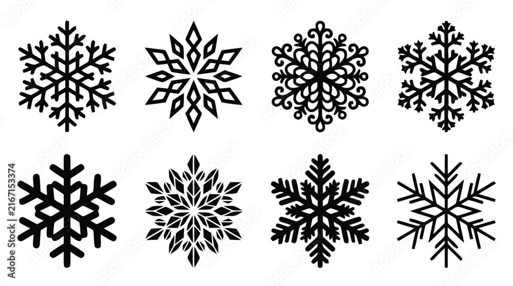 Obraz premium Vector illustration of set of various snowflake icons for winter and holiday season designs on a transparent background