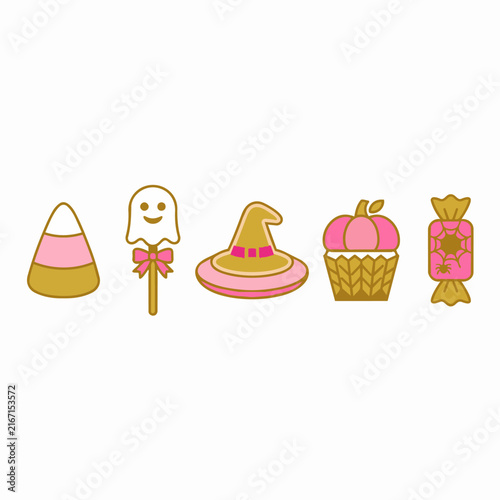 Cute Halloween Vector Icon Set with Pink and Gold Festive Holiday Party Elements