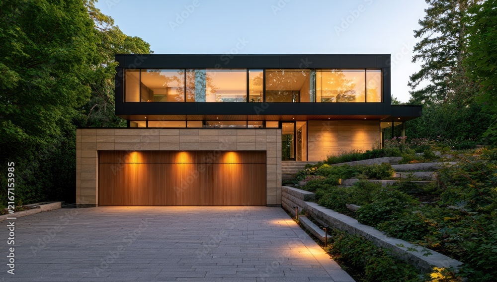 Fototapeta premium Modern Luxury Home with Large Garage and Lush Landscaping.