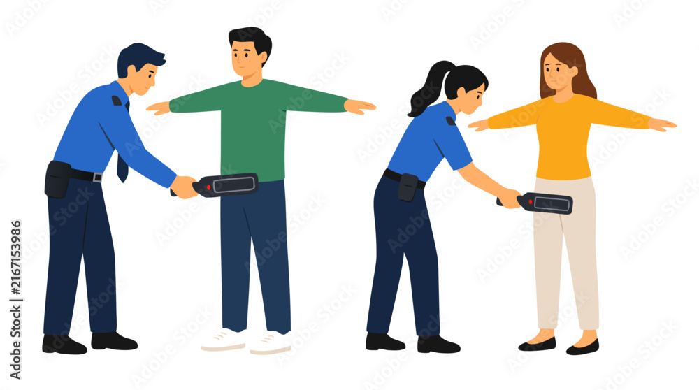 Obraz premium Flat Vector Illustration of Security Checkpoint Officers Scanning Male and Female Passengers with Handheld Metal Detectors for Safety Inspection at an Airport Terminal or Public Building Entrance