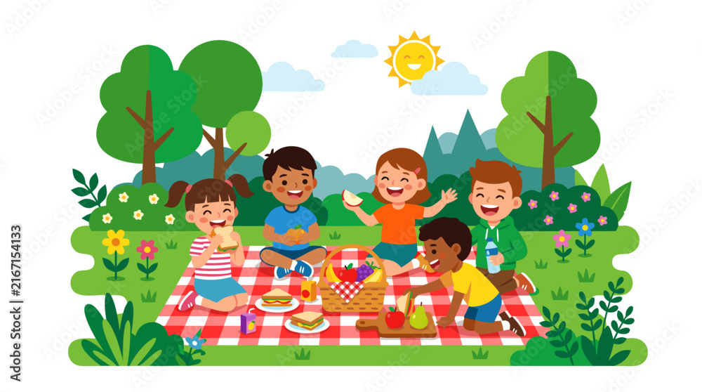 Fototapeta premium Happy diverse group of children enjoying a summer picnic on a red checkered blanket in a lush green garden with trees and flowers, eating healthy fruit and sandwiches under a bright smiling sun.