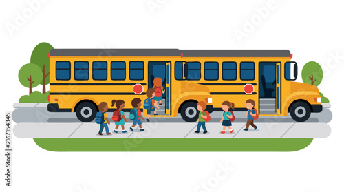 Flat vector illustration of two yellow school buses stopped at a sidewalk curb with diverse elementary students wearing backpacks boarding for school, educational transport concept on white.