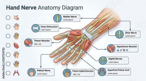 Detailed hand nerve anatomy diagram with muscle labels