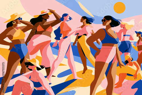 Vibrant Illustration of Diverse Women Celebrating Body Positivity and Inclusivity on a Sunny Beach, Embodying Joy, Freedom, and Summer Fun in Swimwear