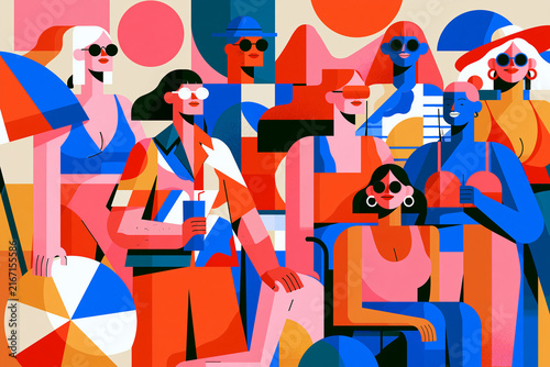 Vibrant and Diverse Group of Women Enjoying a Summer Beach Day, Showcasing Inclusivity, Body Positivity, and Friendship in a Stylish Flat Design Illustration with Bright Colors and Abstract