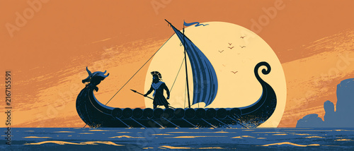 Legendary Greek hero Odysseus embarks on an epic journey, standing valiantly on his ancient warship, a stylized longboat with a distinctive dragon figurehead, sailing across the calm, deep