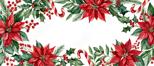 Vibrant watercolor Christmas frame with red poinsettias, green holly, bright berries, pine, and candy canes. Festive seasonal border on white with copy space, good for holiday designs and