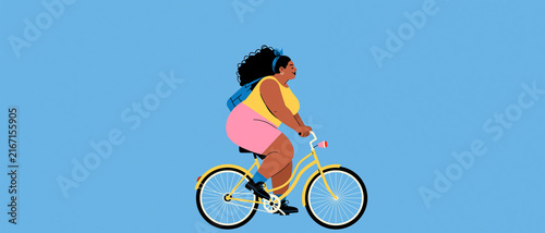 Vibrant Illustration of a Joyful Plus-Size Black Woman Cycling with Confidence and a Smile, Embracing Body Positivity and an Active Lifestyle, Against a Clean Blue Background, Highlighting