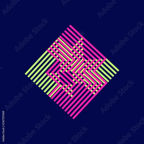 Interlocking Diamond Geometric Line Pattern in Neon Pink and Lime Green on a Dark Navy Background, Abstract Technology Concept