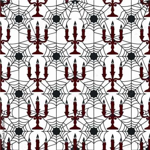 Halloween Seamless Pattern with Candelabras and Spiderwebs, Gothic Decorative Background