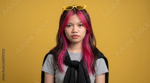 Young asian woman with pink hair highlights posing on yellow background