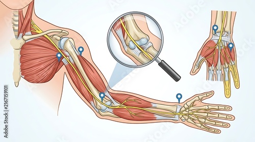 Human arm anatomy showing muscles and nerves diagram