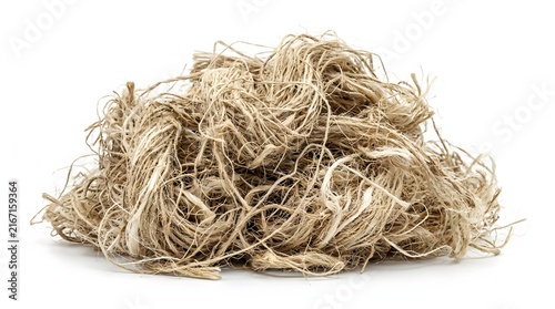 Raw unprocessed natural bast fiber pile isolated on a white background for crafts.