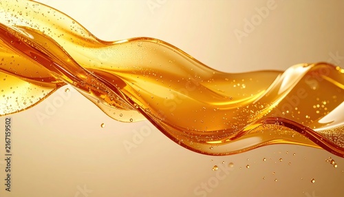 Golden honey drizzle flowing in elegant ribbons, clean warm beige background, premium food ingredient photography