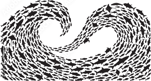 Abstract wave shape composed of a school of fish, sharks, and sea turtles