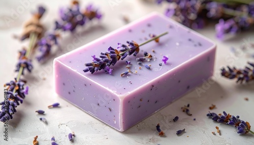 Handmade lavender soap bar decorated with dried flower buds, natural organic skincare concept, soft neutral background