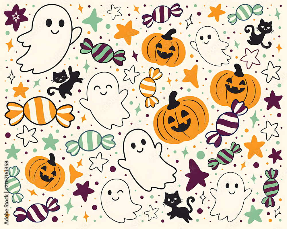 Fototapeta premium Playful Halloween characters with candy and stars in a cheerful pattern for festive design