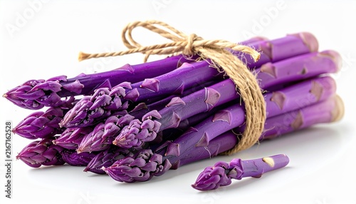 Purple asparagus bundled with natural twine, clean white background, healthy food product photography, detailed fresh texture
