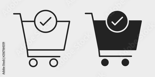 E-commerce Order Confirmation Icon represents successful purchases, order approval, and online shopping completion with editable outline and fill vector illustrations.