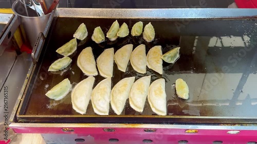 Fried Dim Sum at Korean Night Market – Crispy Dumplings on Hot Pan