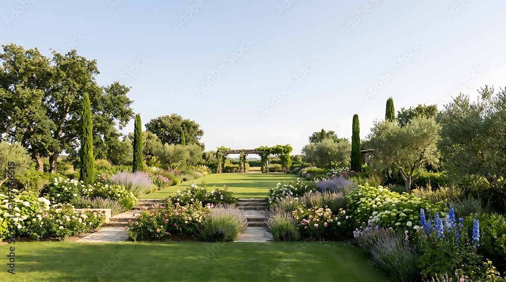 Fototapeta premium Beautiful lush garden with a wooden pergola and stone steps on a bright sunny day in the countryside. garten im sommer