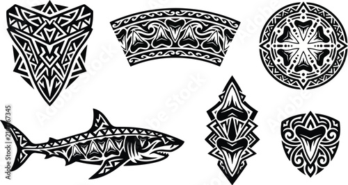 Polynesian tribal tattoo design vector set with shark and geometric patterns