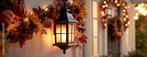 Autumn decorations with lantern and wreaths at house entrance  