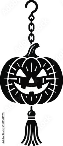 Halloween pumpkin charm with a smiling jack-o'-lantern face, hanging from a metal chain and hook, featuring a decorative tassel.