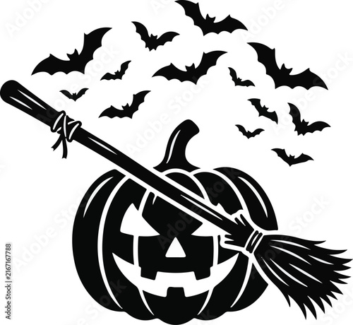 Grinning jack-o'-lantern with a witch's broom leaning against it, while a spooky flock of bats flies overhead for Halloween.