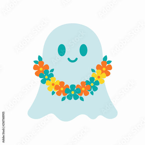 Cute Halloween Ghost with Floral Garland Vector Illustration, Whimsical Holiday Character Design