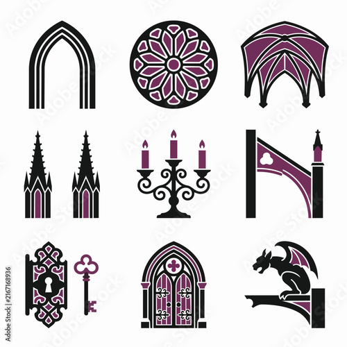 Gothic Architecture Icon Set with Medieval Elements Symbolizing History, Design and Art