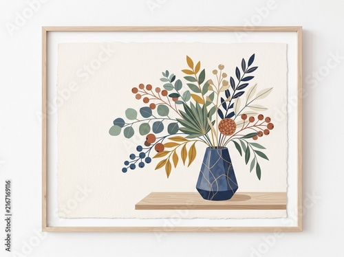 Watercolor vase with colorful flowers on wooden surface minimalist art