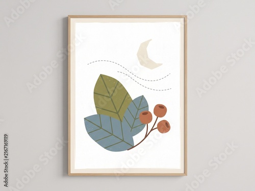 Minimalist botanical illustration with leaf berries and crescent moon in soft pastel tones